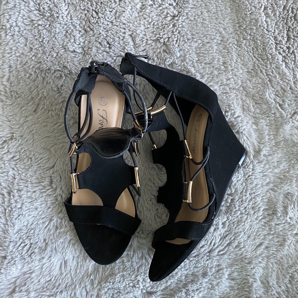 Forever Black Suede Wedges with Gold Accents - Picture 1 of 12